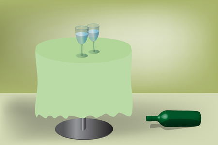 Two wineglasses on table and empty bottle on the pavingのイラスト素材
