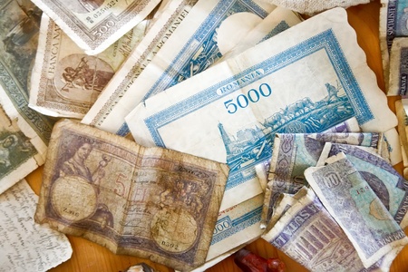 Background of very old Romanian moneyの写真素材