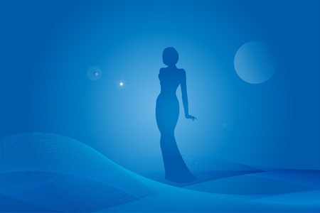 Woman silhouette on fantasy blue backgroundのイラスト素材