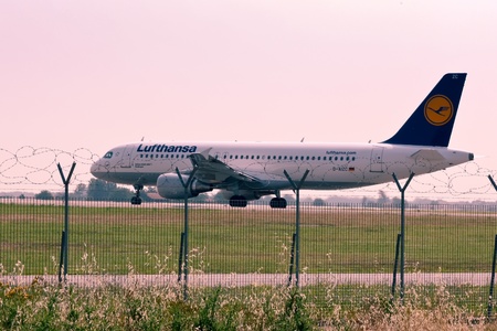 Bologna, Italy - June 26, 2010 - Airplane its prepare to take off on Bologna airportのeditorial素材