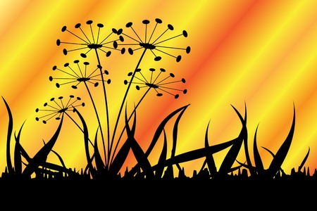 Vector black grass silhouette with gradient orange and yellow backgroundのイラスト素材