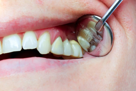 Image of young woman during inspection of oral cavity with help of mirror