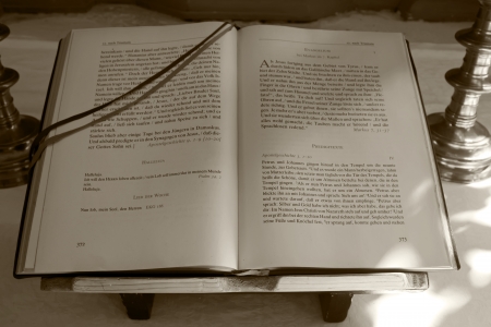 Saschiz, Romania - 01.09.2012 - Page of medieval religious book from evangelical church of Saschizのeditorial素材