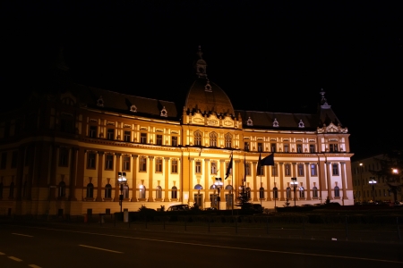 Brasov, Romania - 22.09.2012 - Night scene with Central Administration building of Brasov countyのeditorial素材