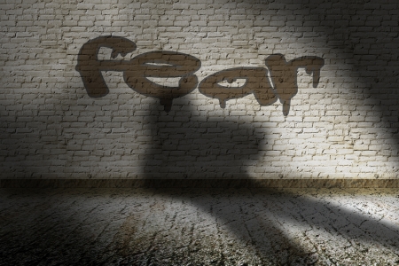 Shadowed silhouette over bricked wall with fear text overの写真素材