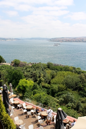 Istanbul, Turkey - 30 06 2014 - Restaurant terrace near strait of Bosphorusのeditorial素材