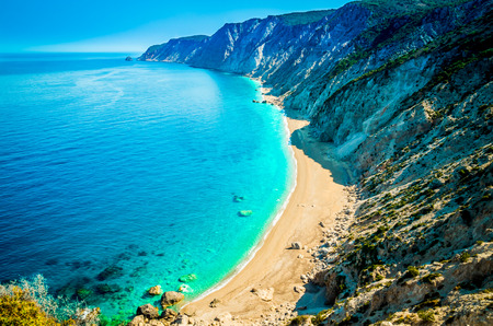 Famous Platia Ammos beach in Kefalonia island, Greece. The beach was affected by the earthquake in the spring of 2014 and it is very difficult to go down on the beach.の写真素材