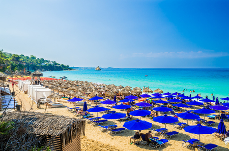 Platis Gialos and Makris Gialos Beach, Kefalonia island, Greece.  Spectacular view over the beaches of Platis Gialos and Makris Gialos near Lassi, Argostoli.のeditorial素材