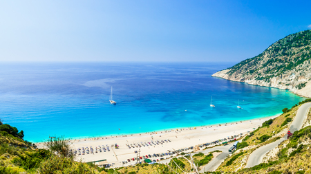 Myrtos beach, Kefalonia island, Greece. Beautiful view of Myrtos bay and beach on Kefalonia islandの写真素材