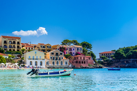 ASSOS TOWN, KEFALONIA ISLAND, GREECE - JULY 12, 2015: Bay of Assos with boats and yachts.のeditorial素材