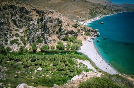 Preveli Beach in Crete island, Greece. There is a palm forest and a river inside the gorge near this beach.の写真素材