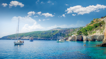 Blue caves on Zakynthos island, Greece. Famous blue caves view on Zanteの写真素材