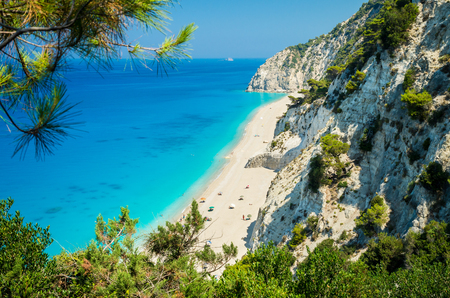 Egremni beach, Lefkada island, Greece. Large and long beach with turquoise water on the island of Lefkada in Greeceの写真素材