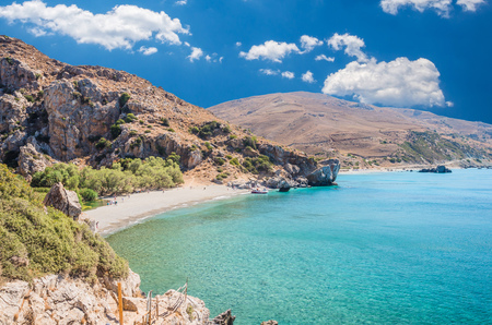 Preveli Beach in Crete island, Greece. There is a palm forest and a river inside the gorge near this beach.の写真素材