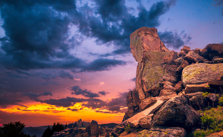 The Dobrogean sphinx. Rocks formations in Dobrogea, Tulcea country, Romania. Naturally formed piles of large rocks in Macin Mountain, the olders alps in Europeの写真素材