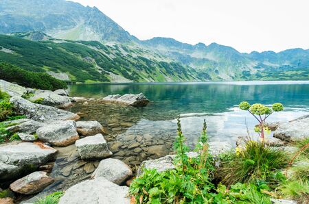 5 lakes valley in Tatra Mountains, Poland. Landscape with lakes and ridges in Poland side of Tatry...