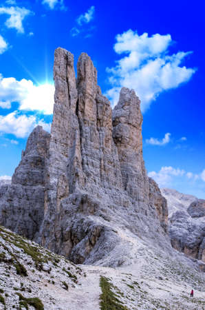 Torri Vajolet in Rosengarten Catinaccio massif. Beautiful view in Dolomites mountains, Alto Adige, South Tyrol, Italyの写真素材