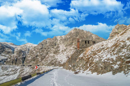 Stunning view of Fagaras mountains in winter. The ridge of the mountain full of snow. There are one of the beautiful road in the world, Transfagarasanの写真素材