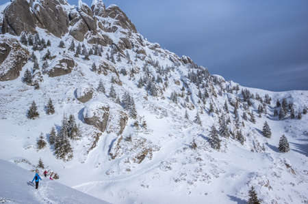 Ciucas mountains in winter, Romanian Carpathians. Fir trees and junipers full of frozen snow. There are hikers in the image.の写真素材
