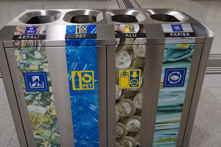 The separation of waste on main train station in Zurich in general waste, plastic, paper and aluminumのeditorial素材