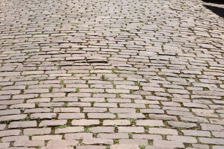 Cobblestone with green grass sprouting in Colmar, texture, France during summer time.の写真素材