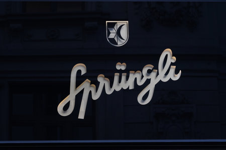 Zurich, Switzerland - 12 20 2020: Logo of Sprungli, Swiss luxury confectionery manufacturer.のeditorial素材