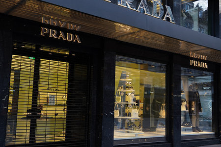Zurich, Switzerland - 20 12 2020: Prada boutique in Zurich Switzerland. This Italian fashion house is famous for leather handbags, travel accessories, shoes, ready-to-wear, perfumes and other.のeditorial素材