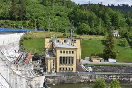 View on dam and powerhouse of hydroelectric power plant Orava, Slovakia which is located by the first large retention reservoir in the river VÃ¡h.のeditorial素材