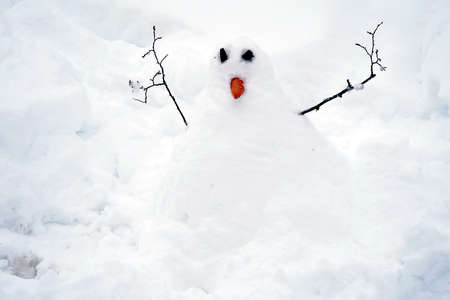 Snowman with two coals as eyes, carrot as a nose an twigs as hands. There is a lot of copy space...