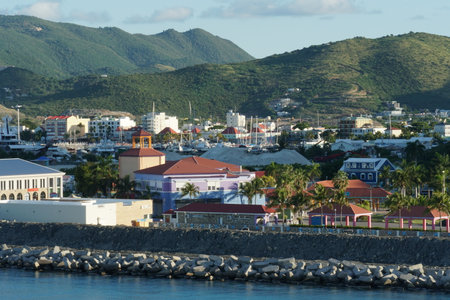 View from container terminal on Philipsburg on the Caribbean island of Sint Maarten, which is the...
