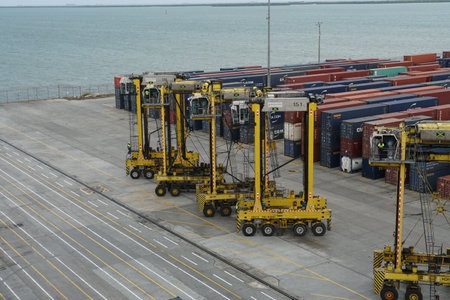 Yellow straddle carriers are lined up at the Kingston Freeport container terminal, poised beneath gantry crane. Surrounding them are containers from various shippers.の写真素材