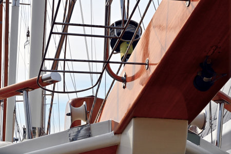 Fragment of the bow, railings and bowsprit of quadrat shape of a sailing vessel in Aganlar Marina and shipyard located in Bodrum.の写真素材