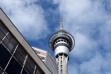 Top of the Sky Tower a 328-meter-tall telecommunications tower and observatory in Auckland, New Zealand.の写真素材