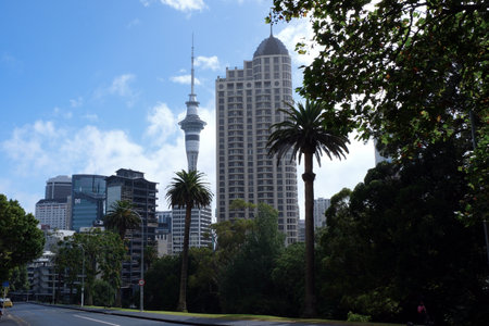 Skyscrapers and Sky Tower a 328-meter-tall telecommunications tower and observatory in Auckland, New Zealand.の写真素材