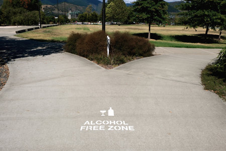 A sign for alcohol free zone  written on asphalt road in entrance to park in Nelson, New Zealand with a picture of glass and bottles. The sign is painted in white color.の写真素材