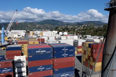 Container terminal ready for loading and discharging of boxes by mobile cranes operated by stevedores in Nelson, New Zealand.の写真素材