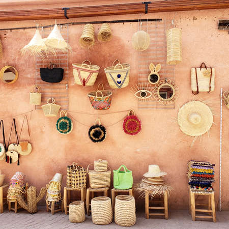 Handmade wicker baskets on the wall of a souvenir shopの写真素材