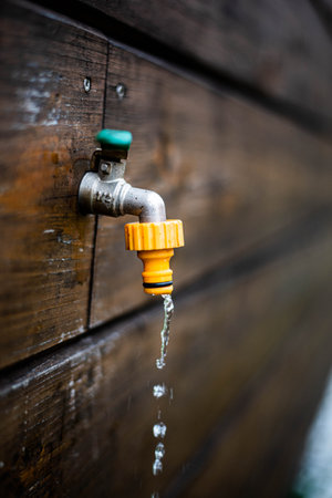 garden tap on the wall of a house with wooden chipped paneling, water dripping from the faucet, the beginning of the gardening season, watering vegetables and flowers, lack of waterの写真素材