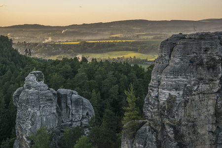 evening landscape at sunset in Czech paradise, sandstone rocks, landscape enlightened by the setting sun の写真素材