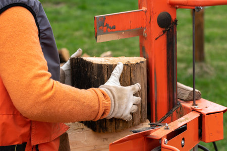 close up of a person wearing gloves and splitting firewood on a splitter machine, outdoorsの写真素材