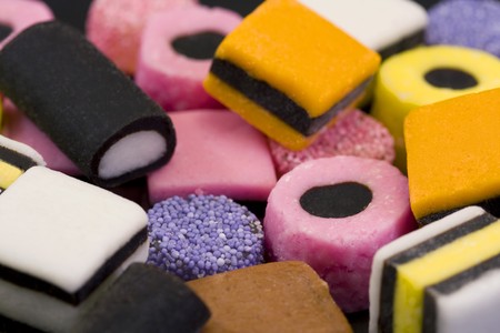 macro of colourful liqurice allsorts sweetsのeditorial素材