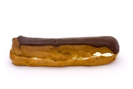 single chocolate eclair on a white background