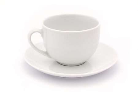 empty white tea cup and saucer over whiteの写真素材