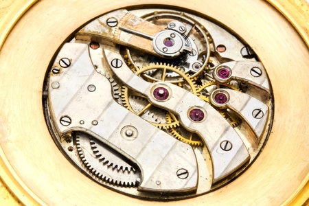 Inside workings of a gold watch