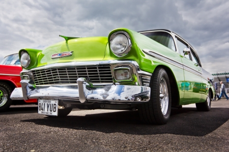 NORTHAMPTONSHIRE, UK- JULY 15: A 1956 Green Chevrolet Bel Air in a Show and Shine competition at the Dragstalgia event as Santa Pod Raceway July 15 2012のeditorial素材