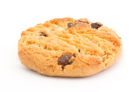Single chocolate chip cookie over whiteの写真素材