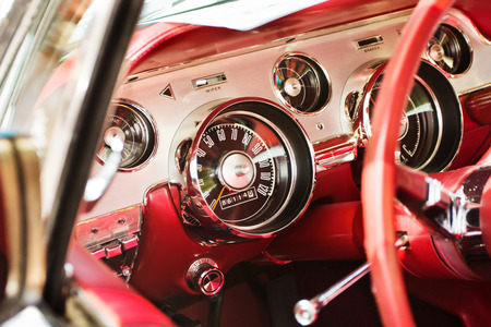 WINDSOR, BERKSHIRE, UK- August 4, 2013:Dashboard of an American Classic car at Windsor Farm Shop International Classic Car Show in August 2013のeditorial素材