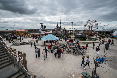 WESTON-SUPER-MARE, UK - SEPTEMBER 3 2015: View of  the whole site at Banksy's Dismaland Bemusement Park. A five week show in the seaside town of Weston-Super-Mare.のeditorial素材