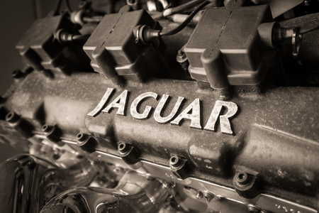 WEYBRIDGE, SURREY, UK - AUGUST 9, 2015: Close up black and white Classic Jaguar Car enigine on display at Brooklands Motor Museum in 2015.のeditorial素材