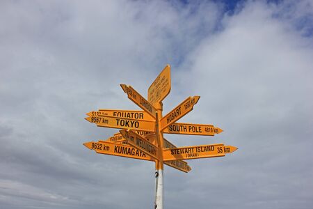 Signpost in Bluff, the southernmost point of new zealand, showing towards other cities of the world